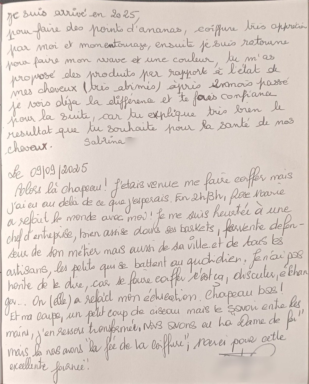 Témoignage manuscrit de 2025 sur le soin de cheveux abîmés