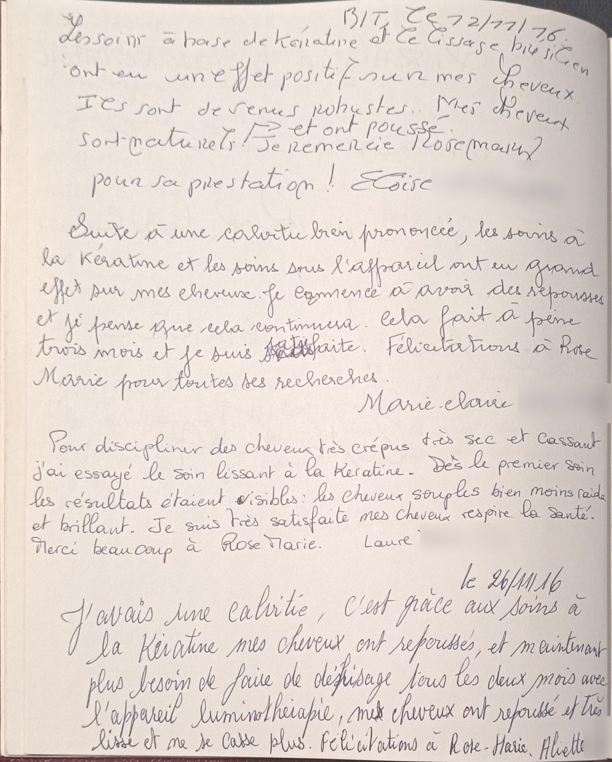 Témoignage manuscrit sur un soin à la kératine et un lissage