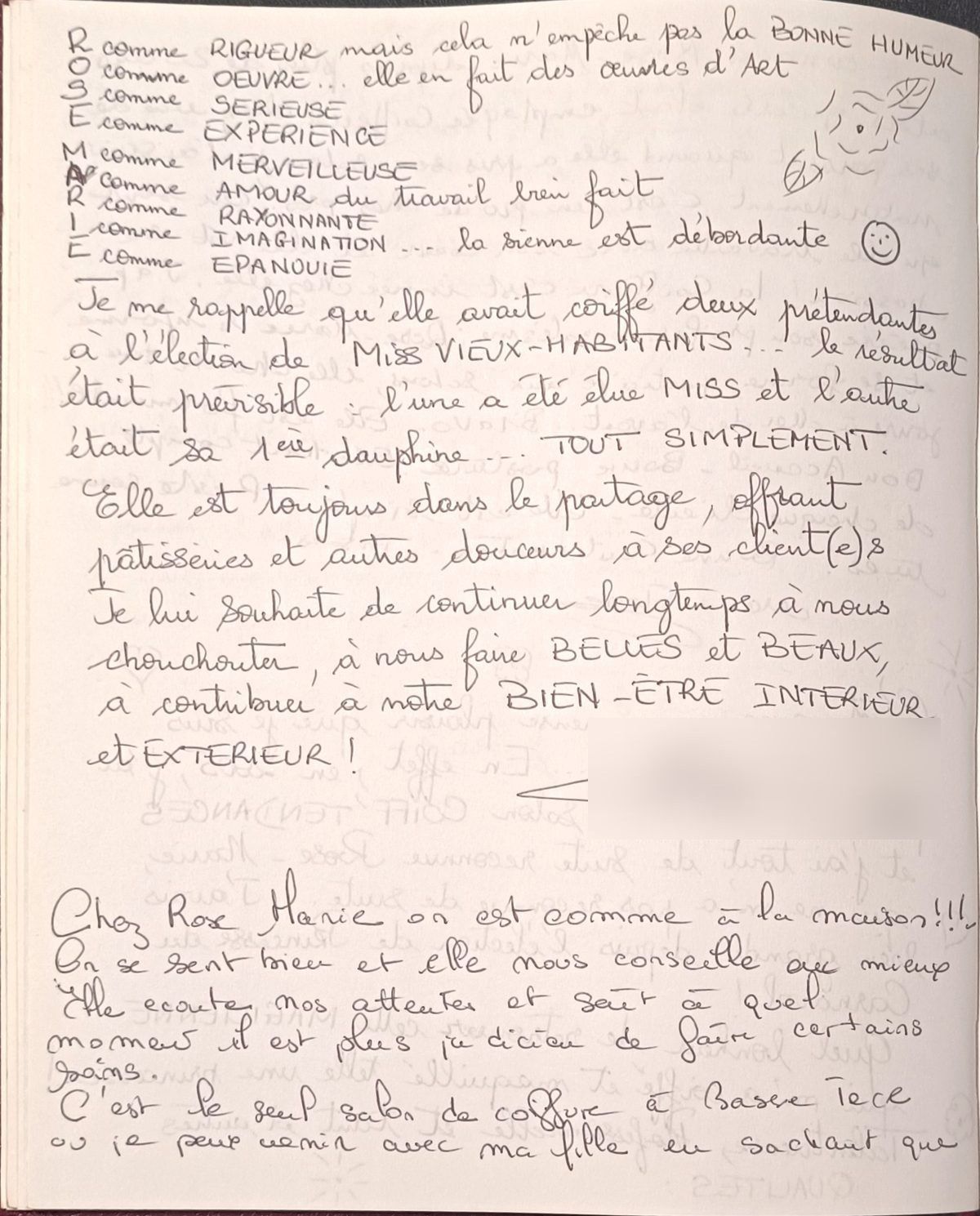 Témoignage manuscrit listant les qualités du salon